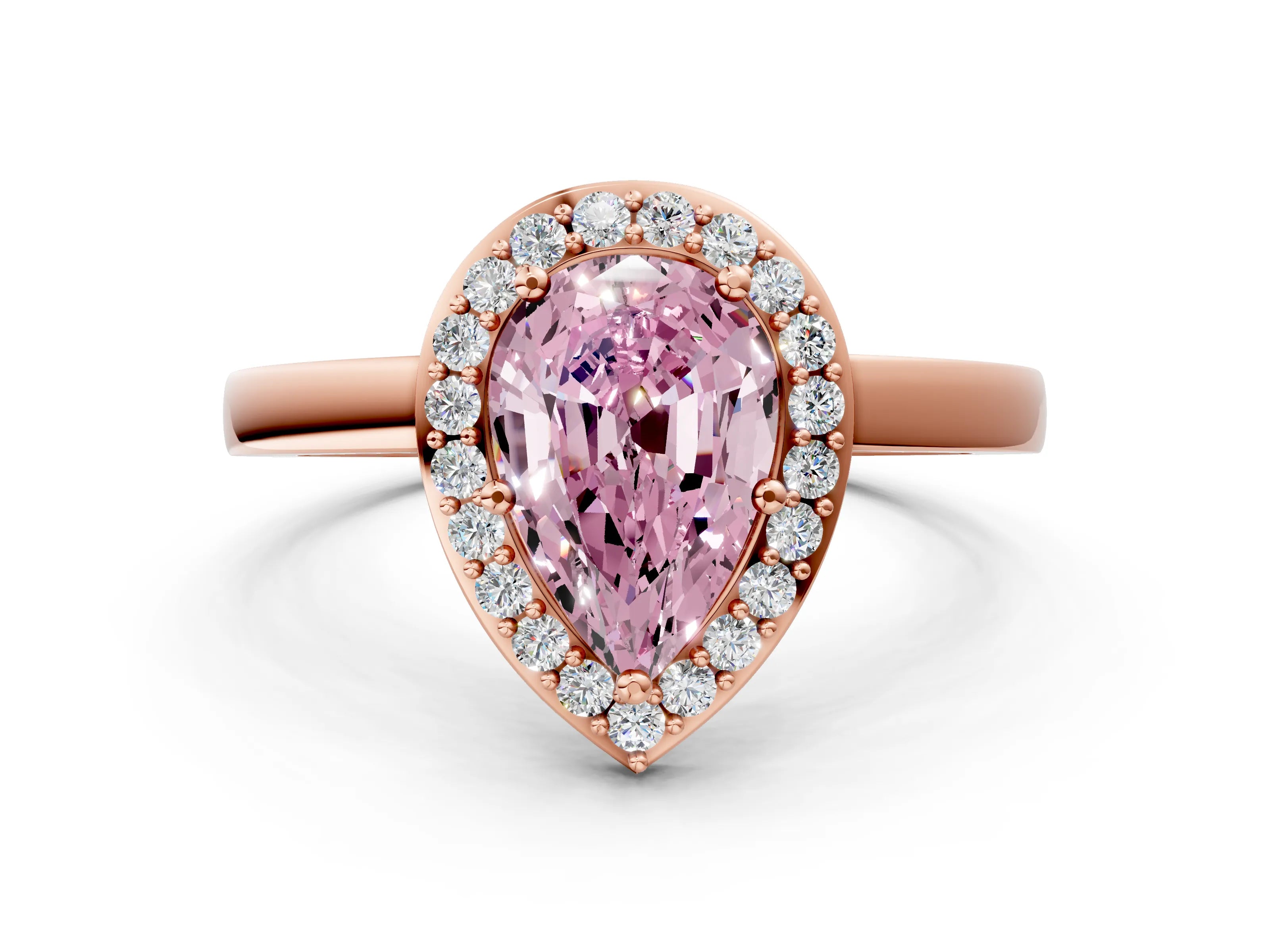 Rose gold Fancy Pink Pear Cut Halo Diamond Ring with Solitaire Band and Prong Setting