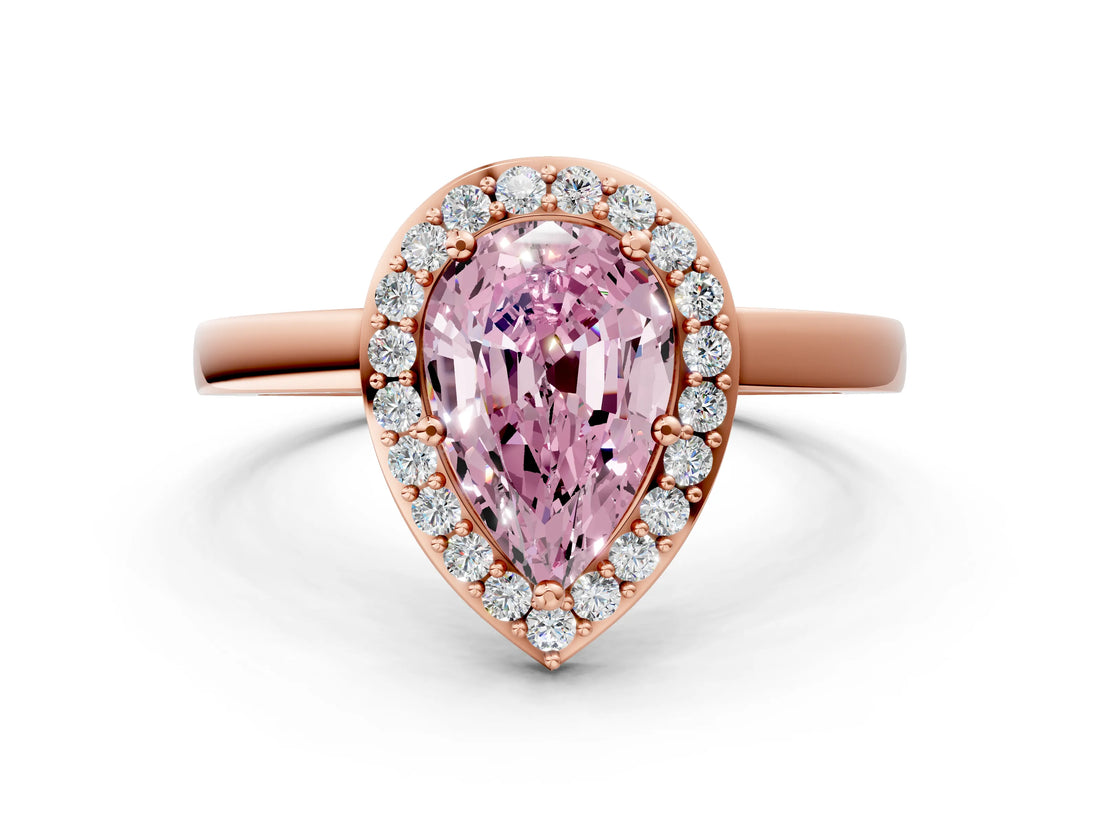 Rose gold Fancy Pink Pear Cut Halo Diamond Ring with Solitaire Band and Prong Setting