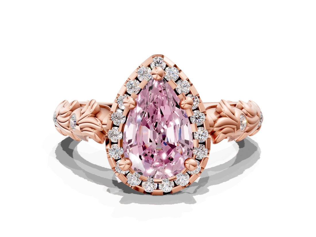 Rose gold Fancy Pink Pear Cut Halo Diamond Solitaire with Filigree Band and Four-Prong Setting