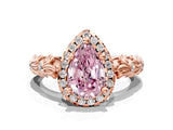 Rose gold Fancy Pink Pear Cut Halo Diamond Solitaire with Filigree Band and Four-Prong Setting