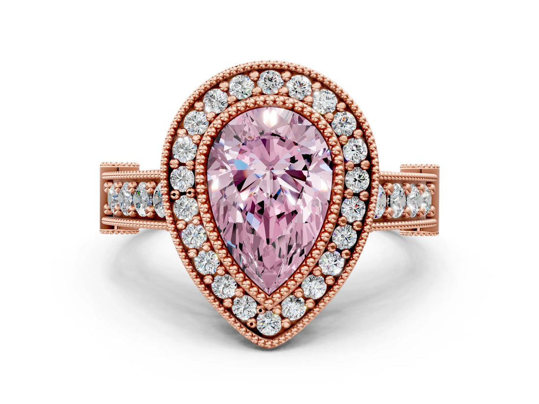 Rose gold Fancy Pink Pear Cut Halo Diamond Split Shank Pave Ring