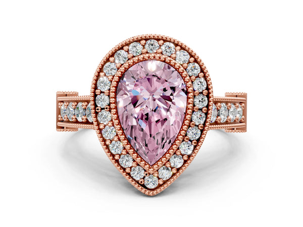 Rose Gold Pear-Shaped Vintage Bezel Halo Engagement Ring Setting for Fancy Pink Center