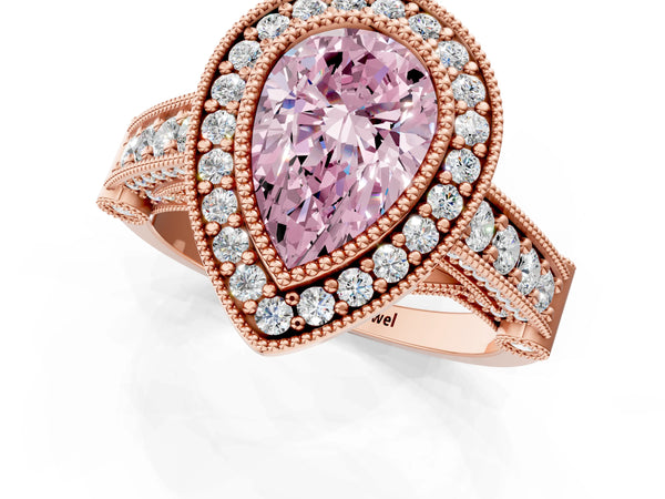 Rose Gold Pear-Shaped Vintage Bezel Halo Engagement Ring Setting for Fancy Pink Center