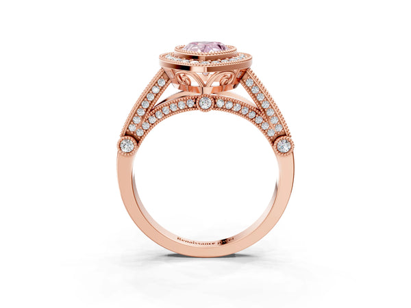 Rose Gold Pear-Shaped Vintage Bezel Halo Engagement Ring Setting for Fancy Pink Center