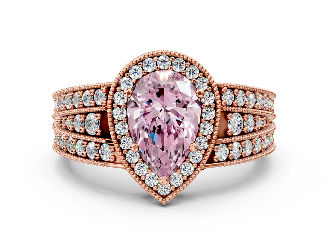 Rose gold Fancy Pink Pear Cut Halo Diamond Split Shank Ring with Prong Setting