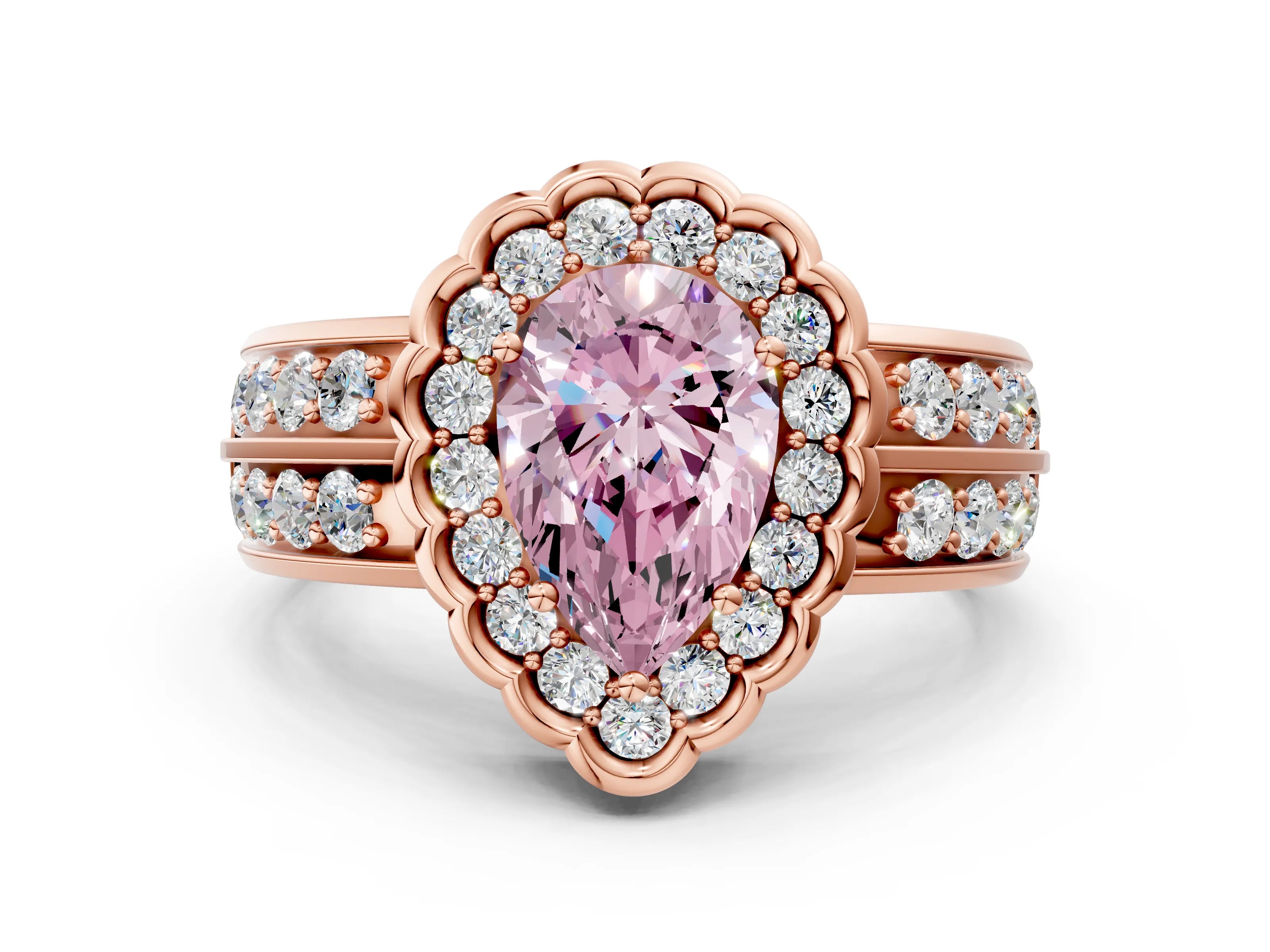 Rose gold Fancy Pink Pear Cut Halo Diamond Split Shank Ring with Scalloped Prong Setting