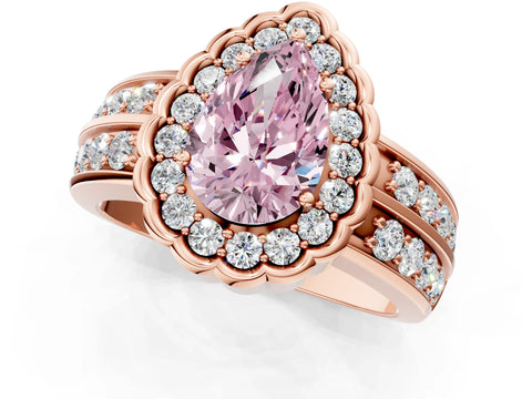 Rose gold Fancy Pink Pear Cut Halo Diamond Split Shank Ring with Scalloped Prong Setting_1