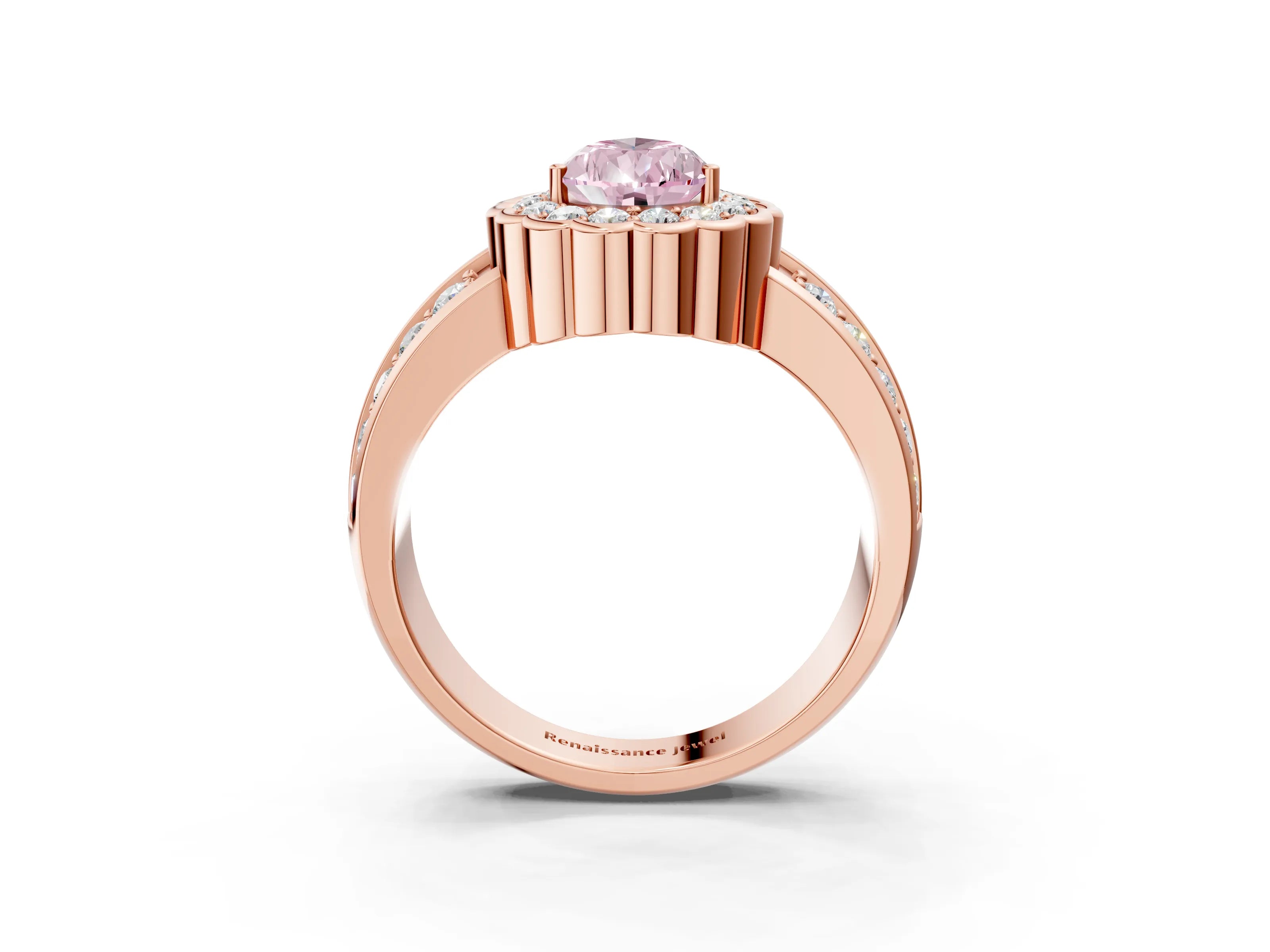 Rose gold Fancy Pink Pear Cut Halo Diamond Split Shank Ring with Scalloped Prong Setting_3