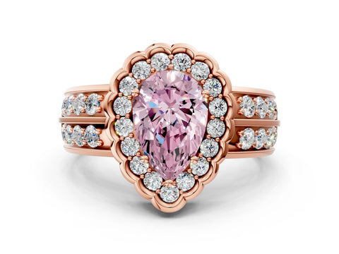 Rose gold Fancy Pink Pear Cut Halo Diamond Split Shank Ring with Scalloped Prong Setting
