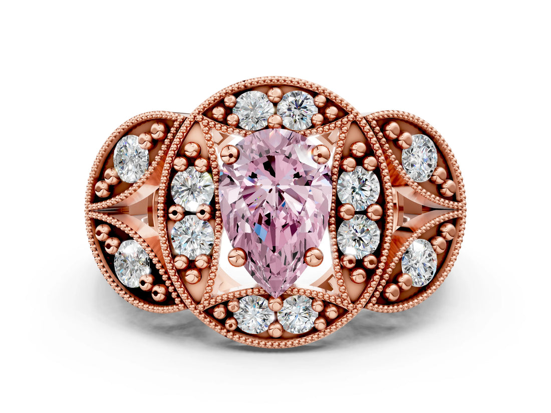 Rose gold Fancy Pink Pear Cut Halo Milgrain Diamond Engagement Ring with Leaf Band and Four-Prong Setting