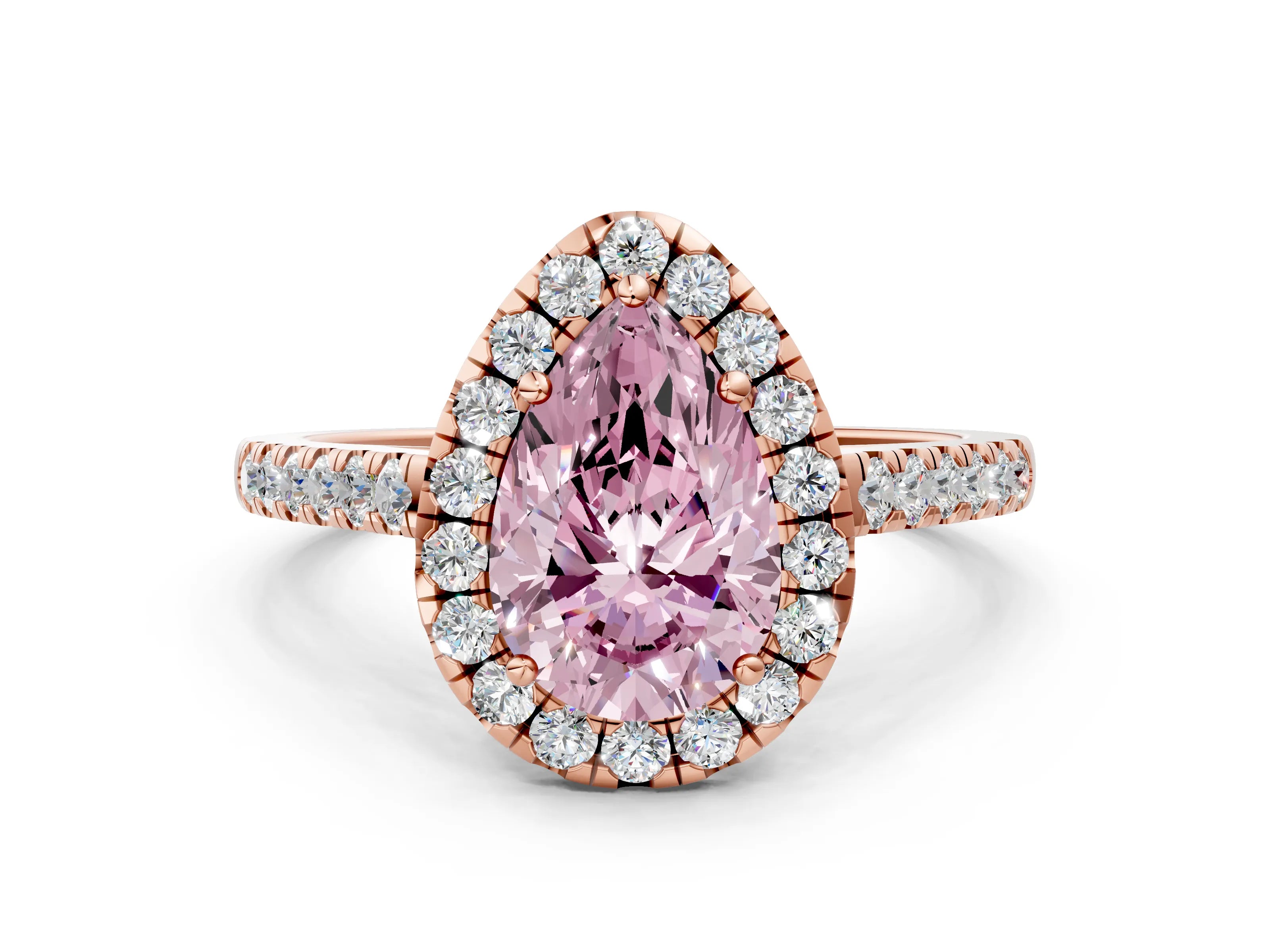 Rose gold Fancy Pink Pear Cut Halo Pave Diamond Engagement Ring with Four-Prong Setting