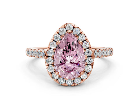 Rose gold Fancy Pink Pear Cut Halo Pave Diamond Engagement Ring with Four-Prong Setting