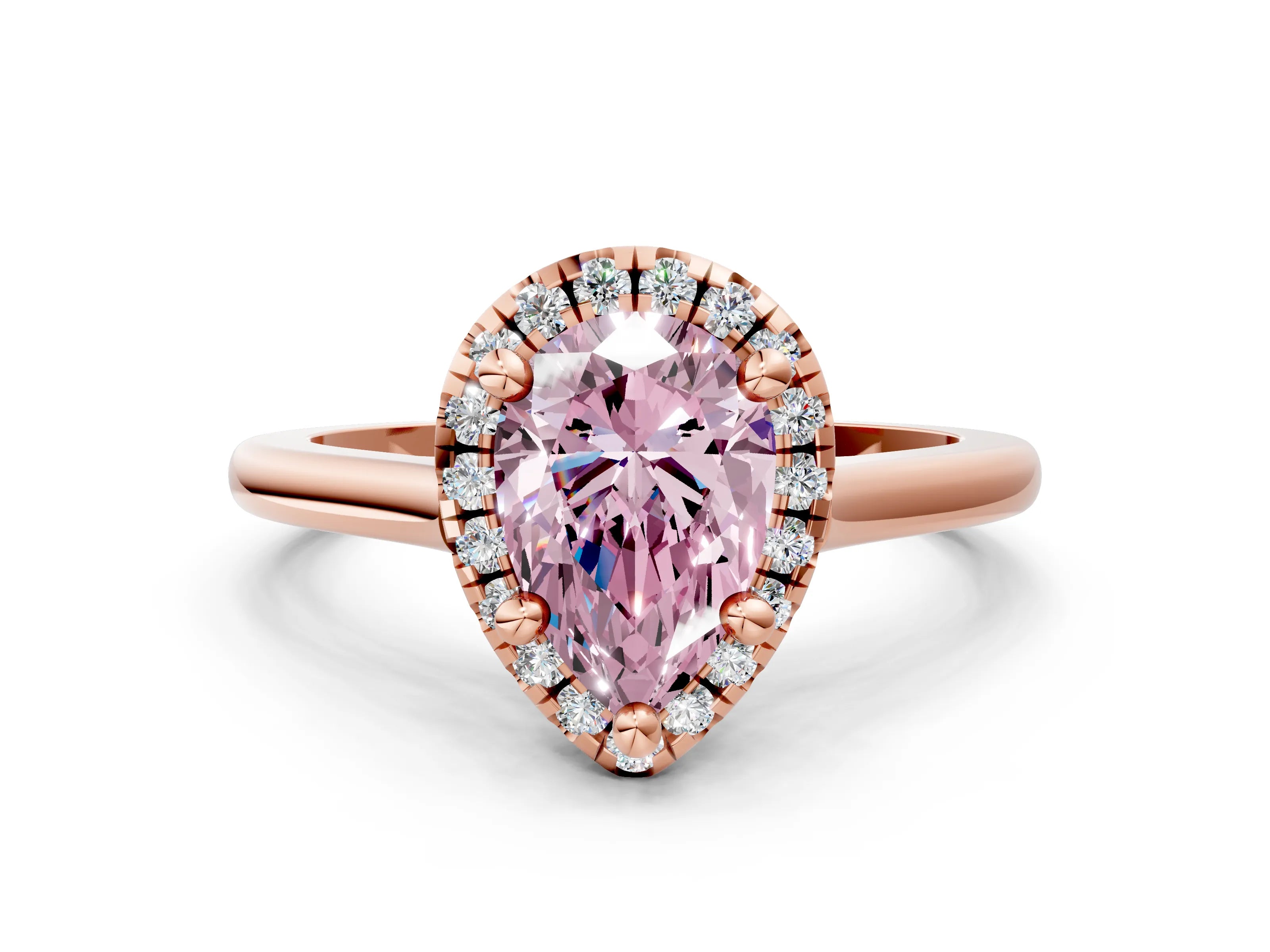 Rose gold Fancy Pink Pear Cut Halo Round Diamond Solitaire Engagement Ring with Pave Band and Four-Prong Setting_12