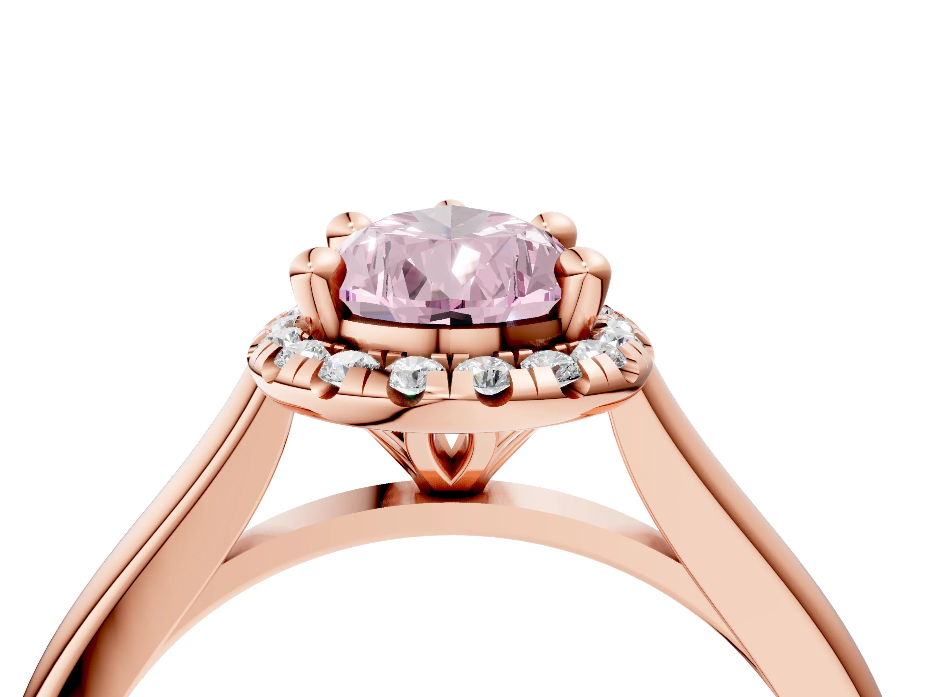 Rose gold Fancy Pink Pear Cut Halo Round Diamond Solitaire Engagement Ring with Pave Band and Four-Prong Setting_16