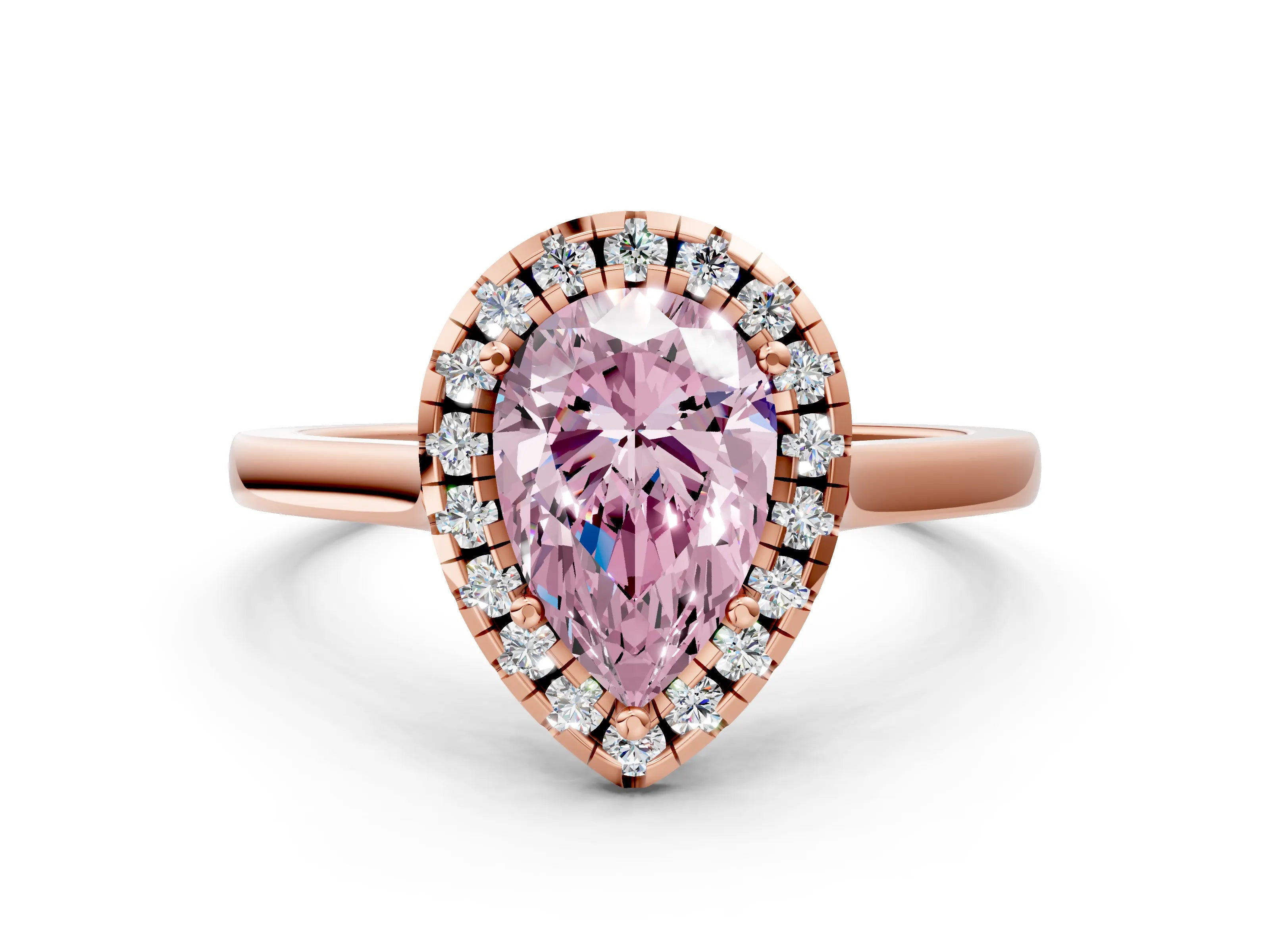 Rose gold Fancy Pink Pear Cut Halo Round Diamond Solitaire Ring with Pavé Band and Four-Prong Setting_12