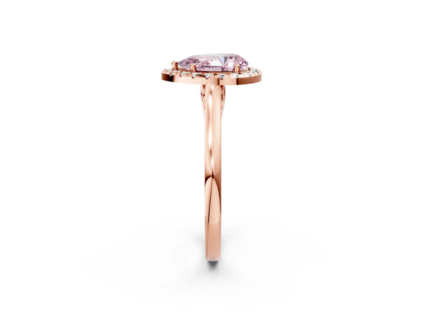 Rose gold Fancy Pink Pear Cut Halo Round Diamond Solitaire Ring with Pavé Band and Four-Prong Setting