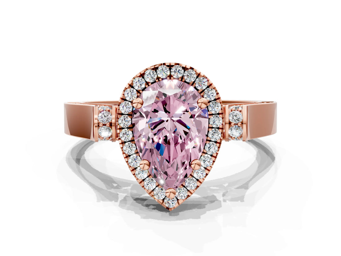 Rose gold Fancy Pink Pear Cut Halo Round Diamond Twist Band with Four-Prong Setting