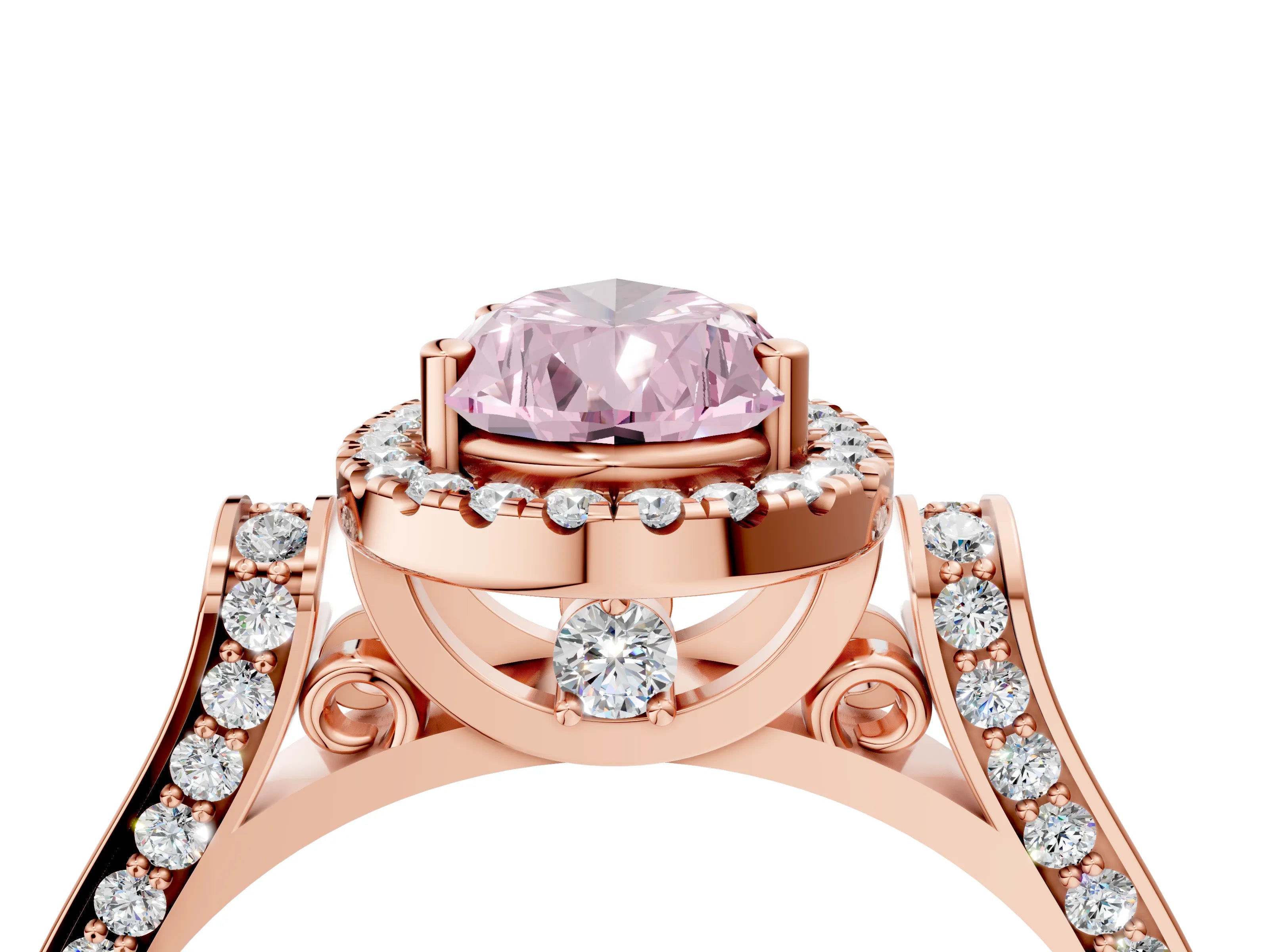 Rose gold Fancy Pink Pear Cut Halo Round Diamond Twist Band with Four-Prong Setting_4