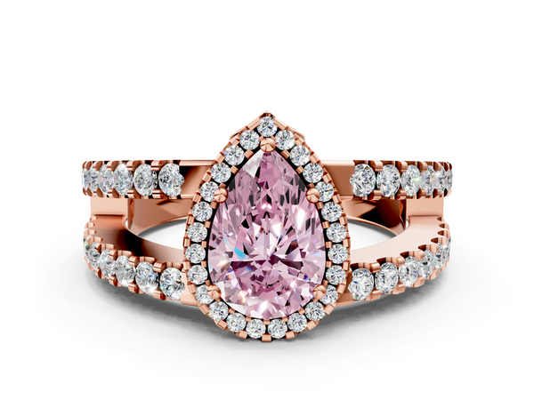 Rose gold Fancy Pink Pear  Cut Halo Split Shank Diamond Ring with Four-Prong Setting