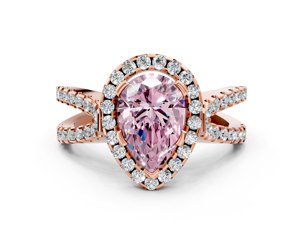 Rose gold Fancy Pink Pear Cut Diamond Halo Ring with Split Shank Pavé Band and Prong Setting