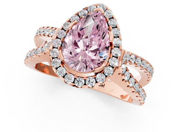 Rose gold Fancy Pink Pear Cut Diamond Halo Ring with Split Shank Pavé Band and Prong Setting