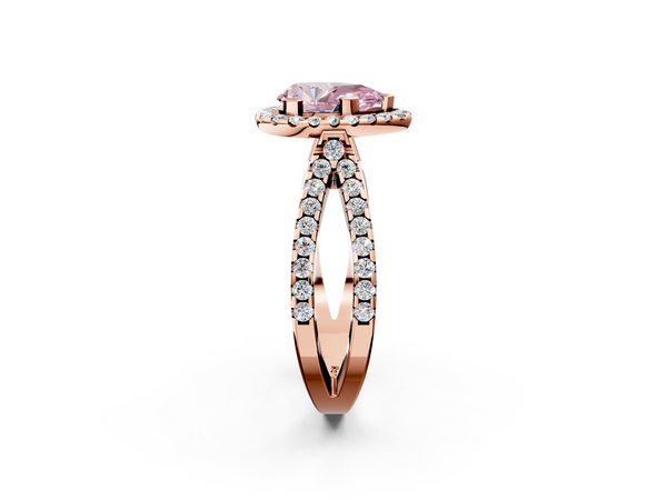 Rose gold Fancy Pink Pear Cut Diamond Halo Ring with Split Shank Pavé Band and Prong Setting