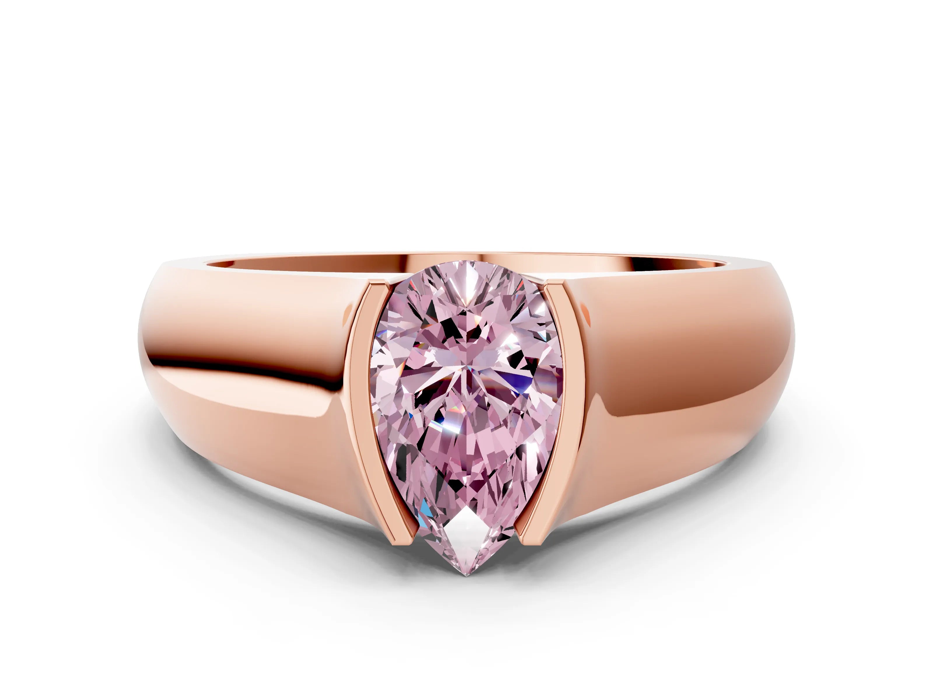 Rose gold Fancy Pink Pear Cut Solitaire Bezel Set Diamond Ring with Wide Band