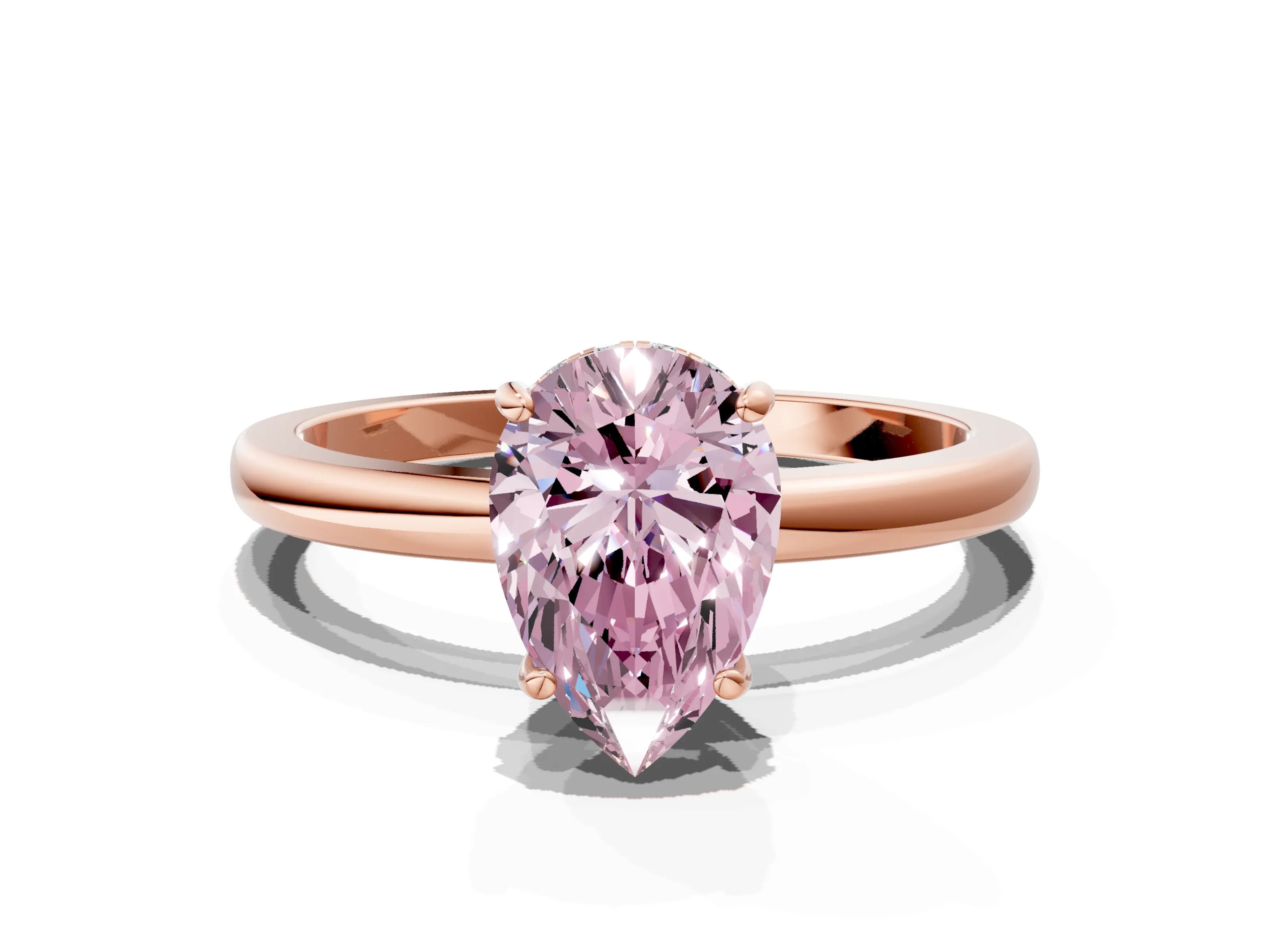 Rose gold Fancy Pink Pear Cut Solitaire Diamond Ring with Prong Setting and Plain Band