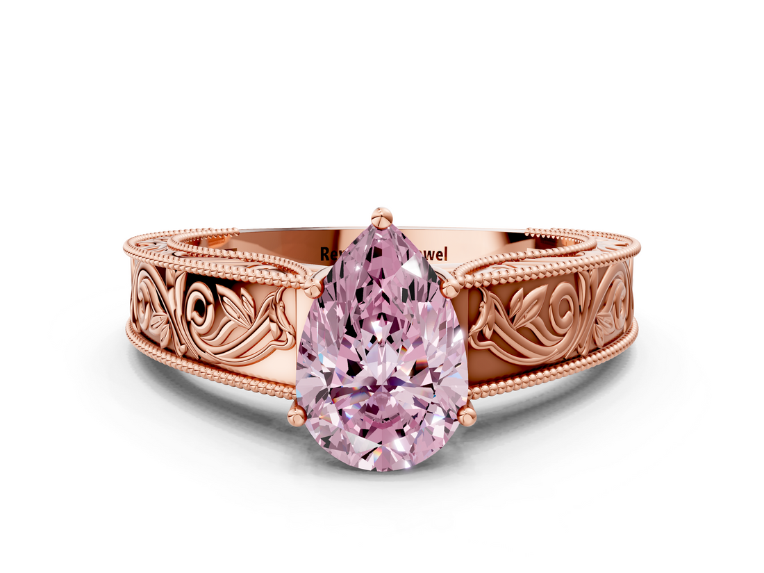 Rose gold Fancy Pink Pear  Cut Solitaire Engraved Band with Four-Prong Setting_62