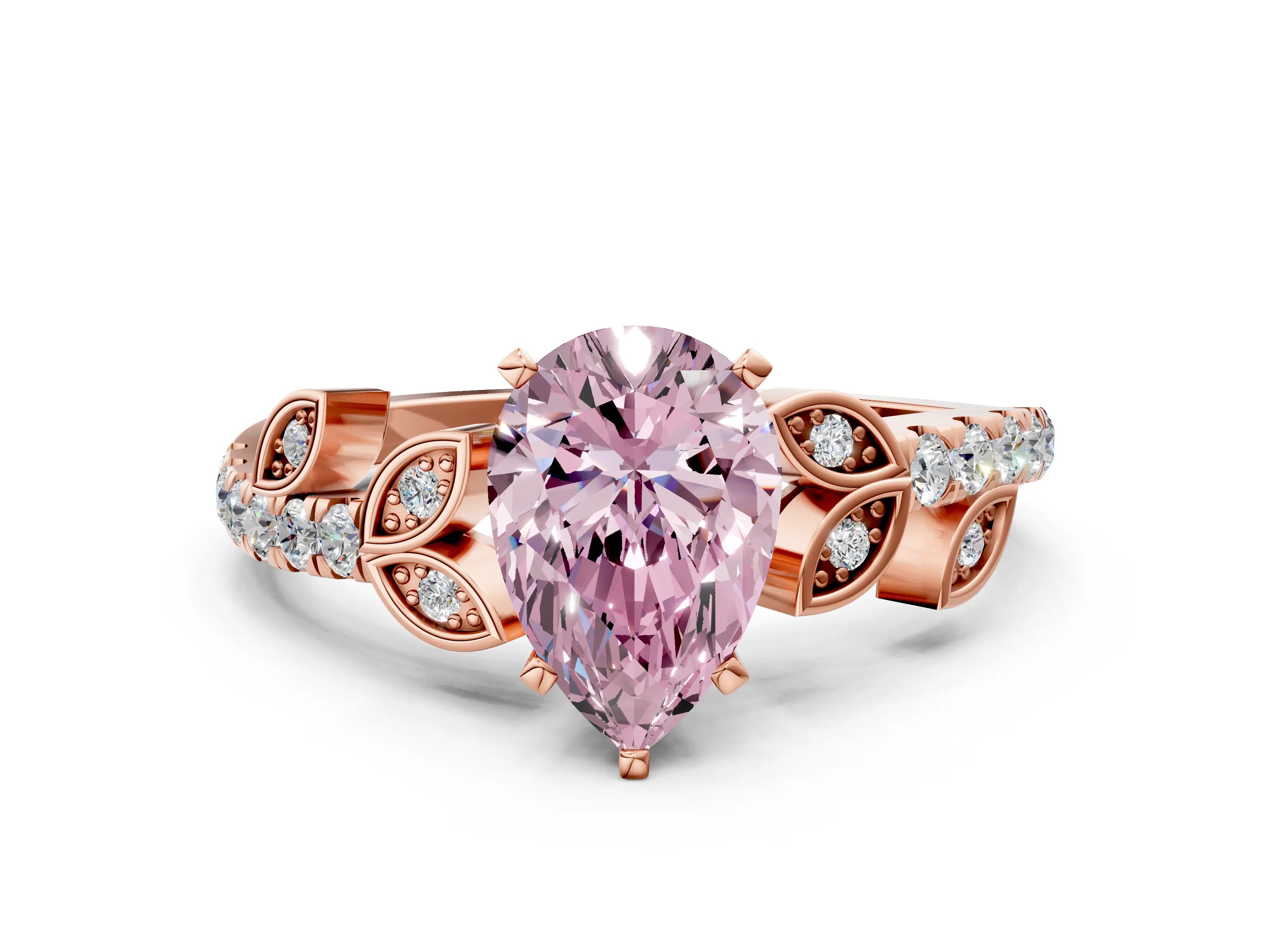 Rose gold Fancy Pink Pear Cut Solitaire Leaf-Inspired Diamond Ring with Pavé Band and Four-Prong Setting
