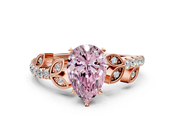 Rose Gold Pear-Shaped Leaf Solitaire Engagement Ring Setting for Fancy Pink Center with Pave Band