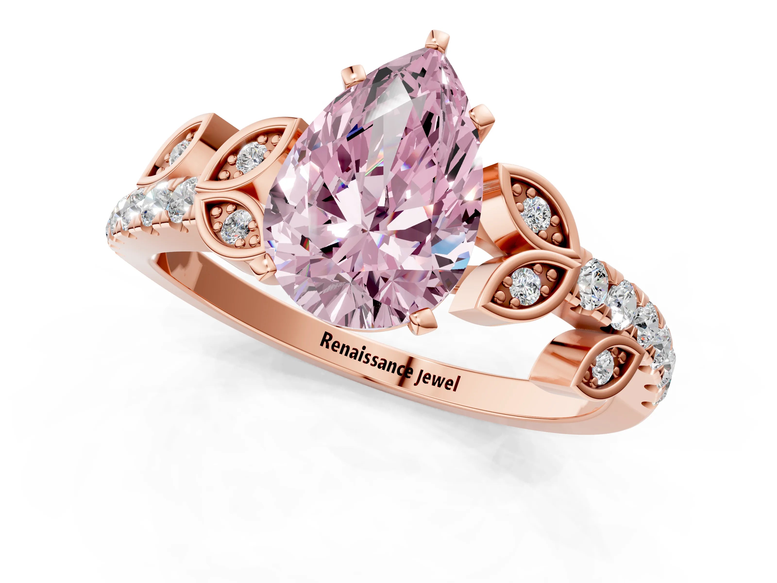 Rose gold Fancy Pink Pear Cut Solitaire Leaf-Inspired Diamond Ring with Pavé Band and Four-Prong Setting_1