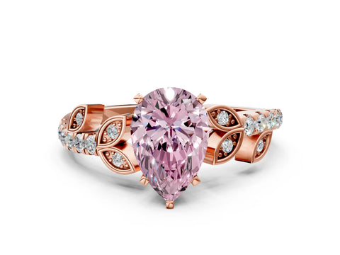 Rose gold Fancy Pink Pear Cut Solitaire Leaf-Inspired Diamond Ring with Pavé Band and Four-Prong Setting