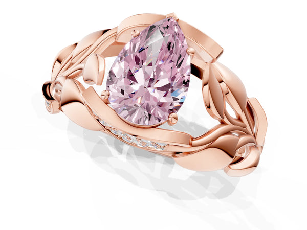 Rose Gold Pear-Shaped Pave Leaf Bypass Engagement Ring Setting for Fancy Pink Center