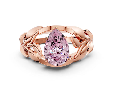 Rose gold Fancy Pink Pear Cut Solitaire Leaf-Inspired Engagement Ring with Prong Setting