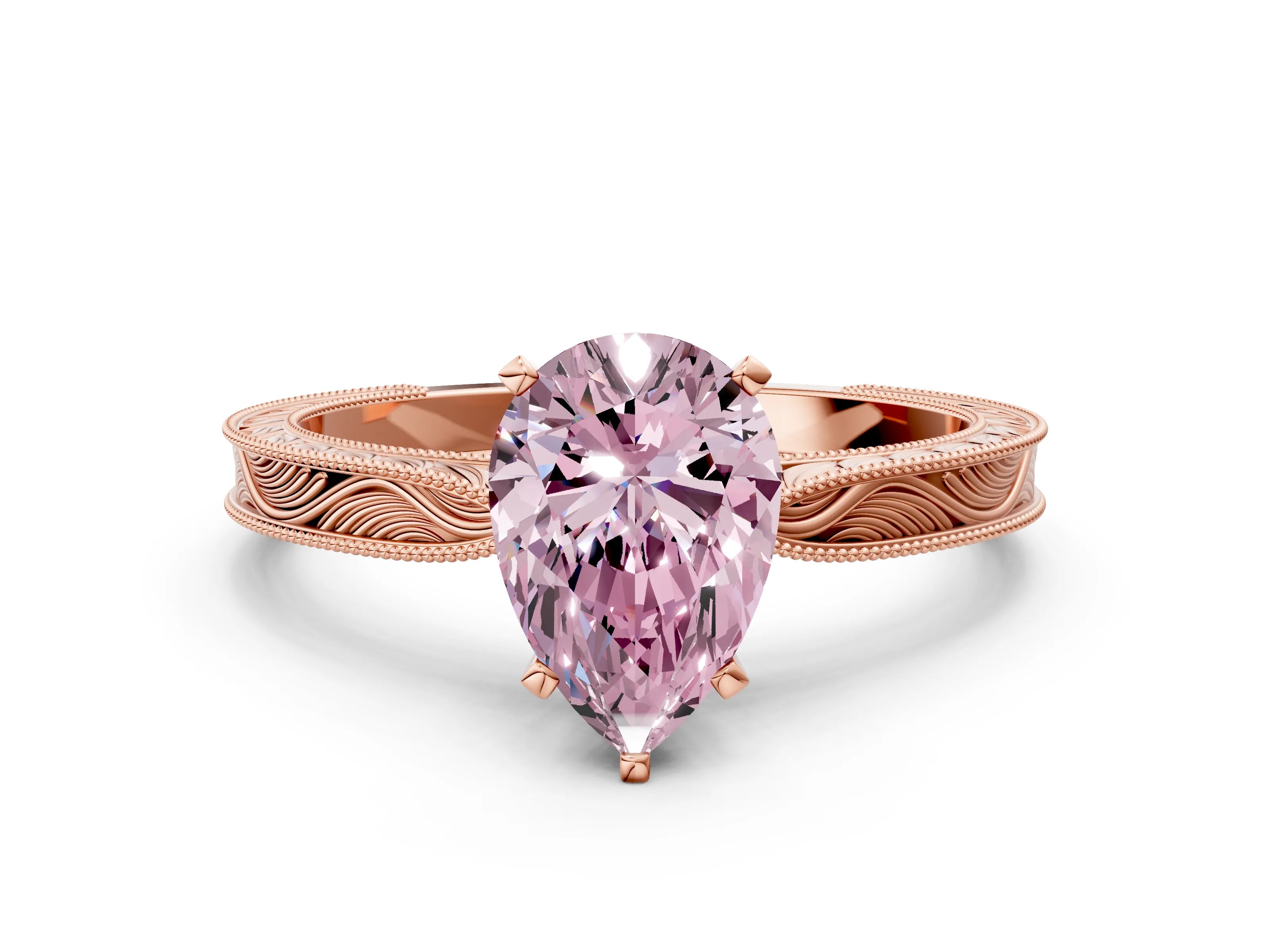 Rose gold Fancy Pink Pear Cut Solitaire Milgrain Engraved Band with Four-Prong Setting
