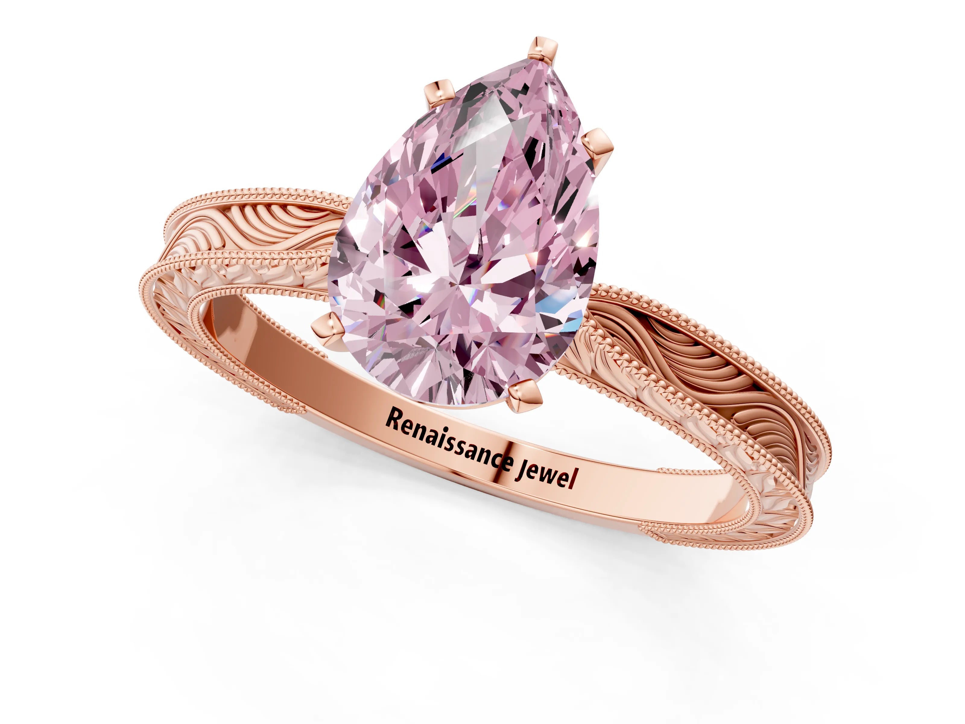 Rose gold Fancy Pink Pear Cut Solitaire Milgrain Engraved Band with Four-Prong Setting_1