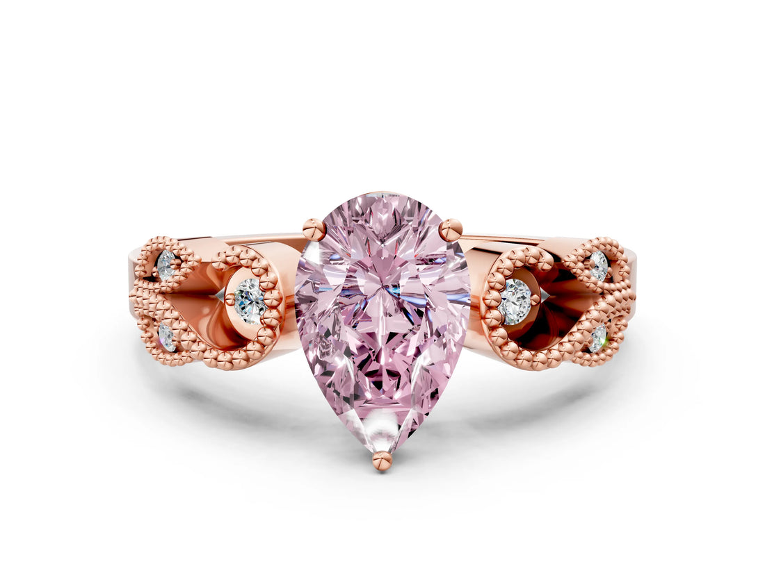 Rose gold Fancy Pink Pear Cut Solitaire Milgrain Leaf Band with Prong Setting
