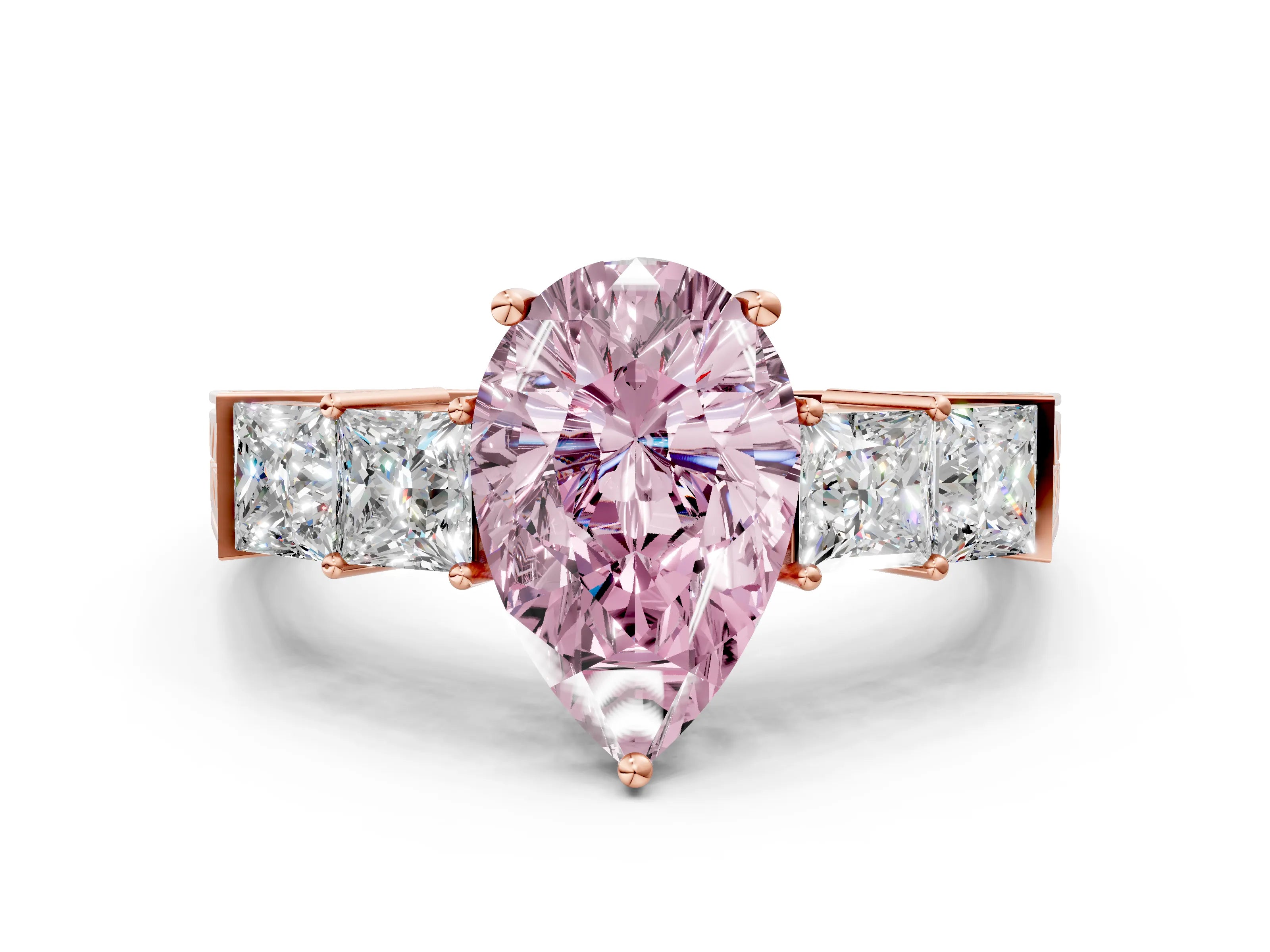 Rose gold Fancy Pink Pear Cut Solitaire Princess Side Stone Engraved Band Prong Setting Ring