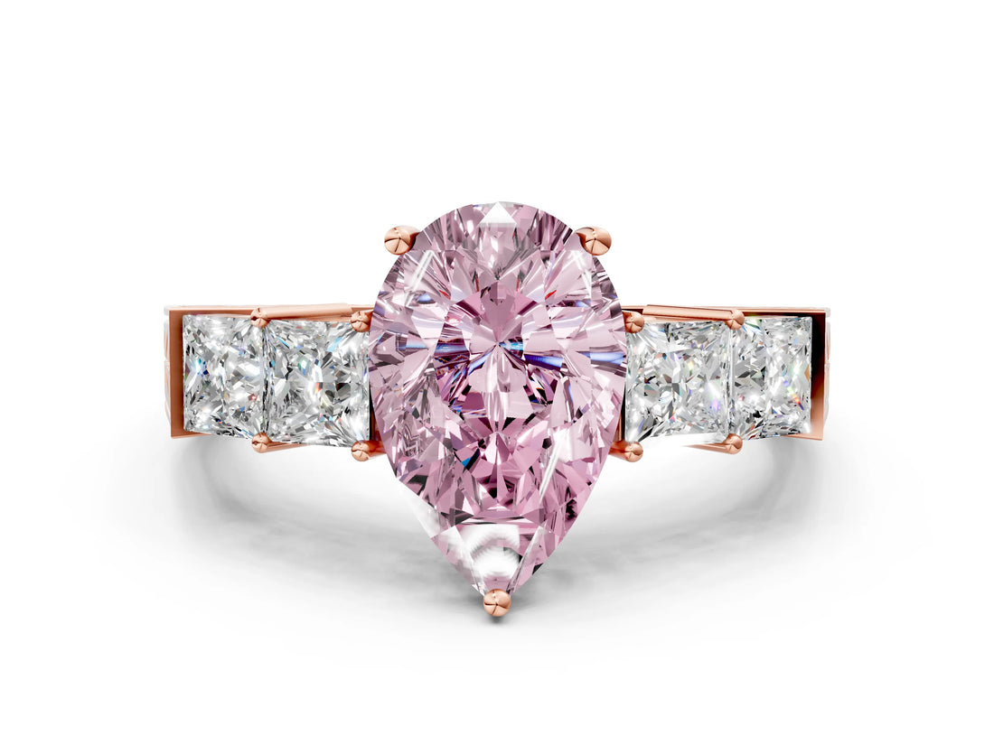 Rose gold Fancy Pink Pear Cut Solitaire Princess Side Stone Engraved Band Prong Setting Ring