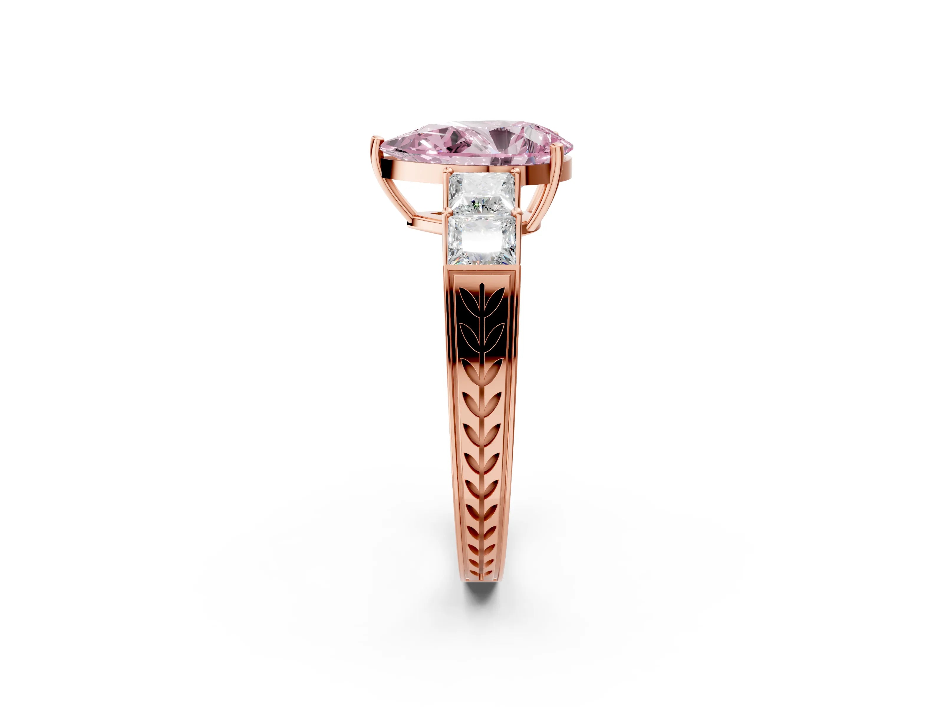 Rose gold Fancy Pink Pear Cut Solitaire Princess Side Stone Engraved Band Prong Setting Ring_2