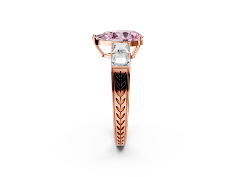 Rose gold Fancy Pink Pear Cut Solitaire Princess Side Stone Engraved Band Prong Setting Ring_2