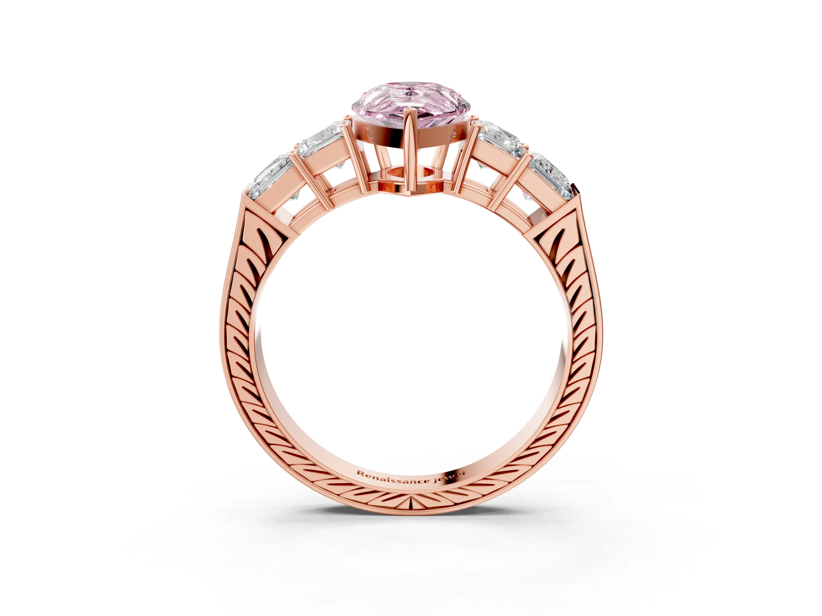Rose gold Fancy Pink Pear Cut Solitaire Princess Side Stone Engraved Band Prong Setting Ring_3