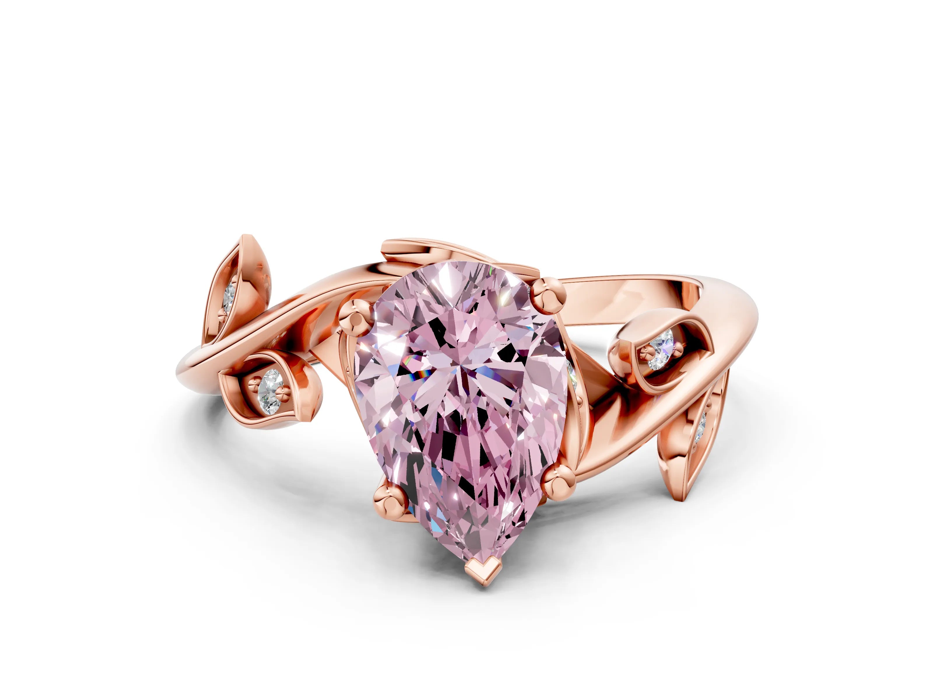 Rose gold Fancy Pink Pear Cut Solitaire Twist Engagement Ring with Leaf Accents and Prong Setting_12