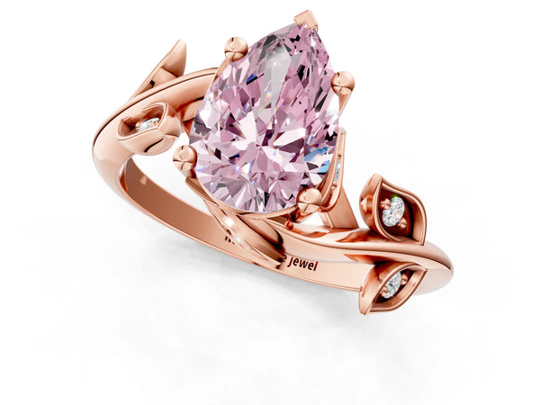 Rose gold Fancy Pink Pear Cut Solitaire Twist Engagement Ring with Leaf Accents and Prong Setting