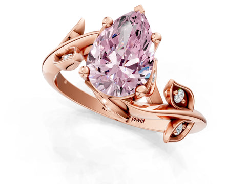 Rose gold Fancy Pink Pear Cut Solitaire Twist Engagement Ring with Leaf Accents and Prong Setting_13