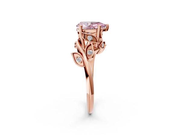 Rose gold Fancy Pink Pear Cut Solitaire Twist Engagement Ring with Leaf Accents and Prong Setting