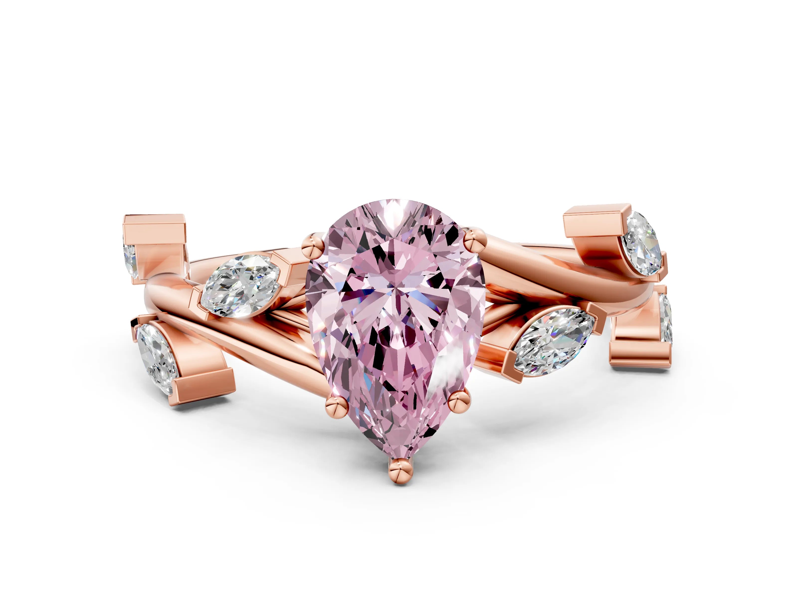 Rose gold Fancy Pink Pear Cut Solitaire Twisted Band Marquise Accent Prong Setting Ring