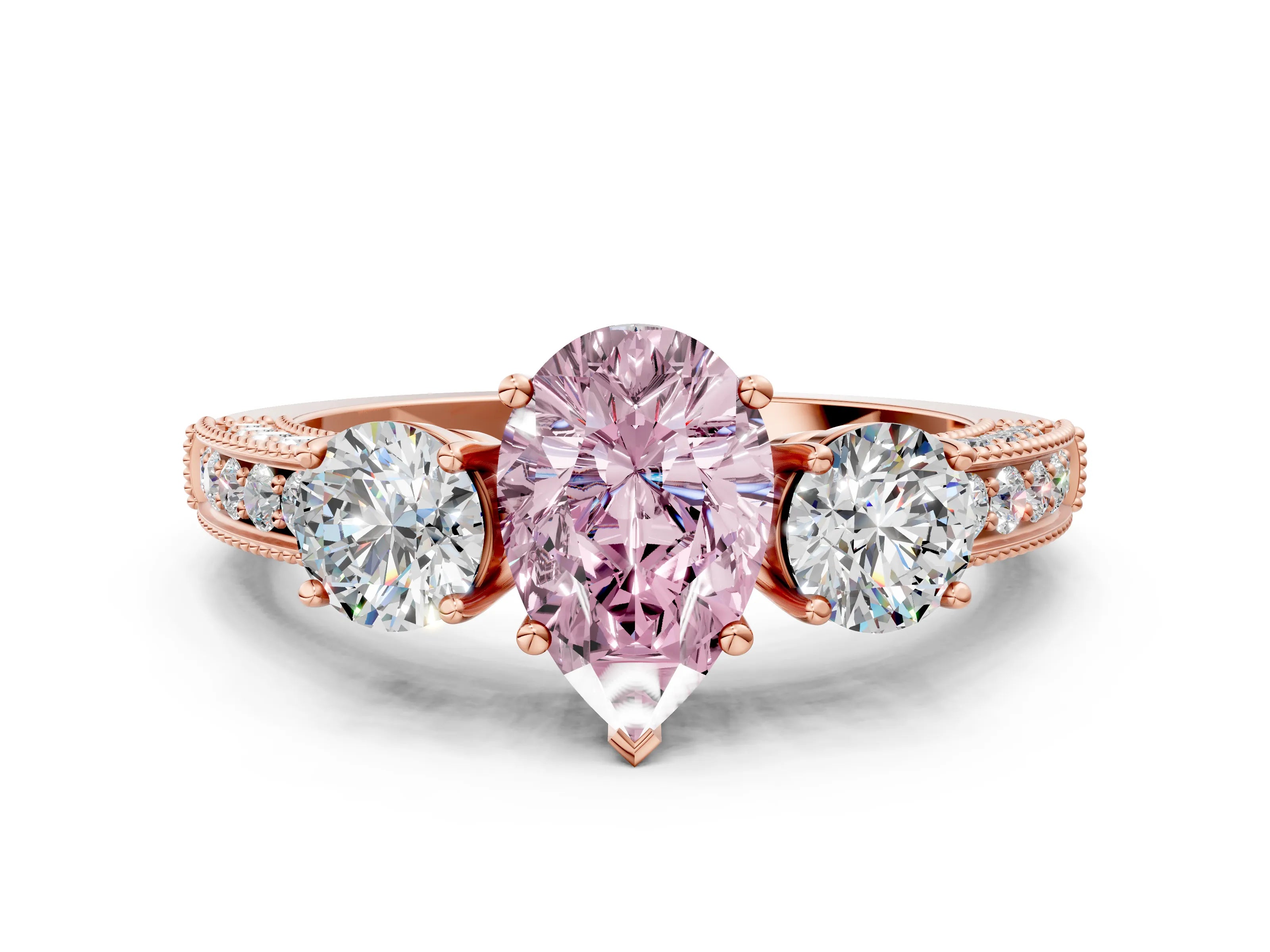 Rose gold Fancy Pink Pear Cut Three-Stone Diamond Ring with Pavé Band and Four-Prong Setting