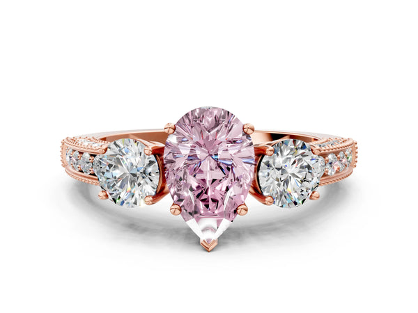 Rose gold Fancy Pink Pear Cut Three-Stone Diamond Ring with Pavé Band and Four-Prong Setting